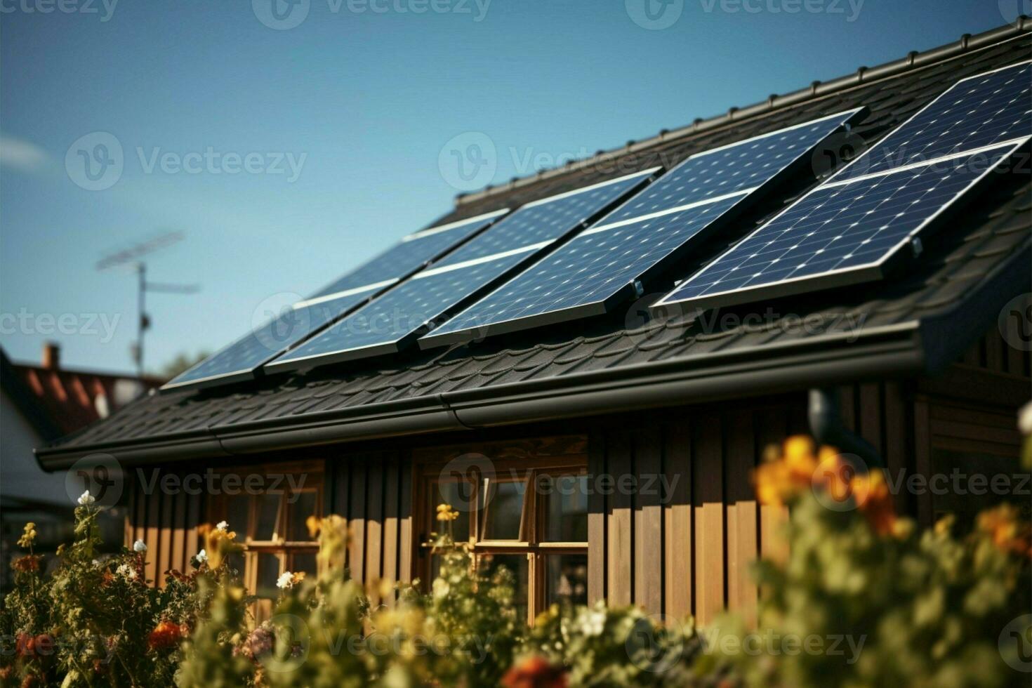 renovável energia às casa solar painéis em uma de madeira coberto casa ai gerado foto