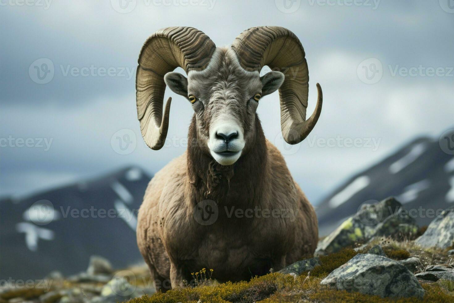 uma impressionante fechar acima veado selvagem ovelha olhares fixos atentamente, conectando com espectadores ai gerado foto