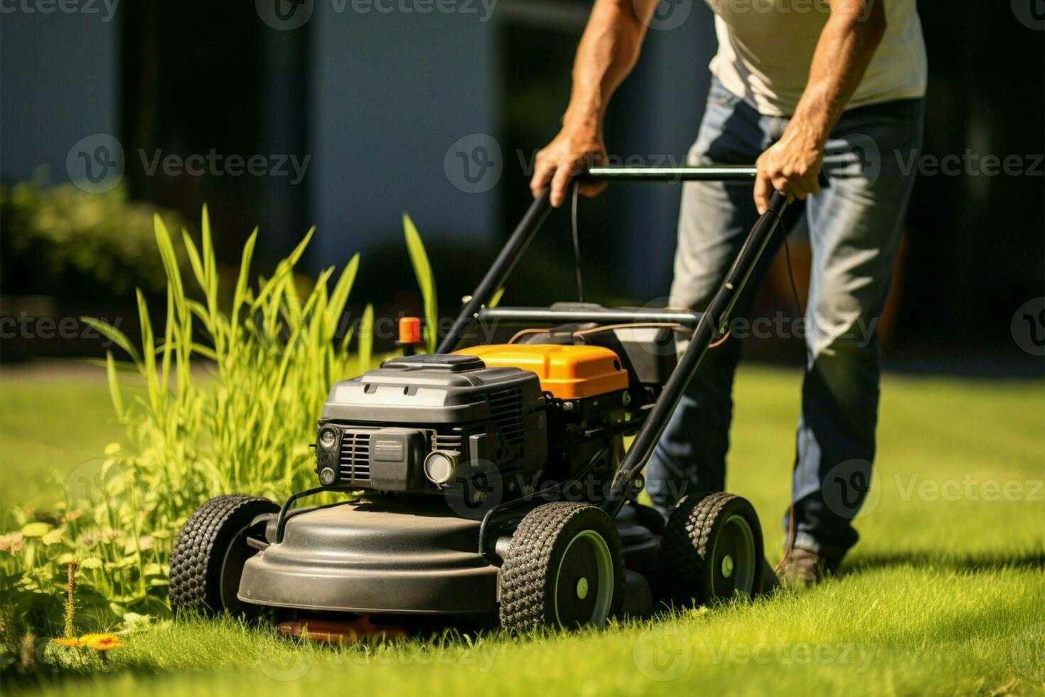 Relva manutenção homem usando uma cortador de grama para aparar a Jardim ai gerado foto