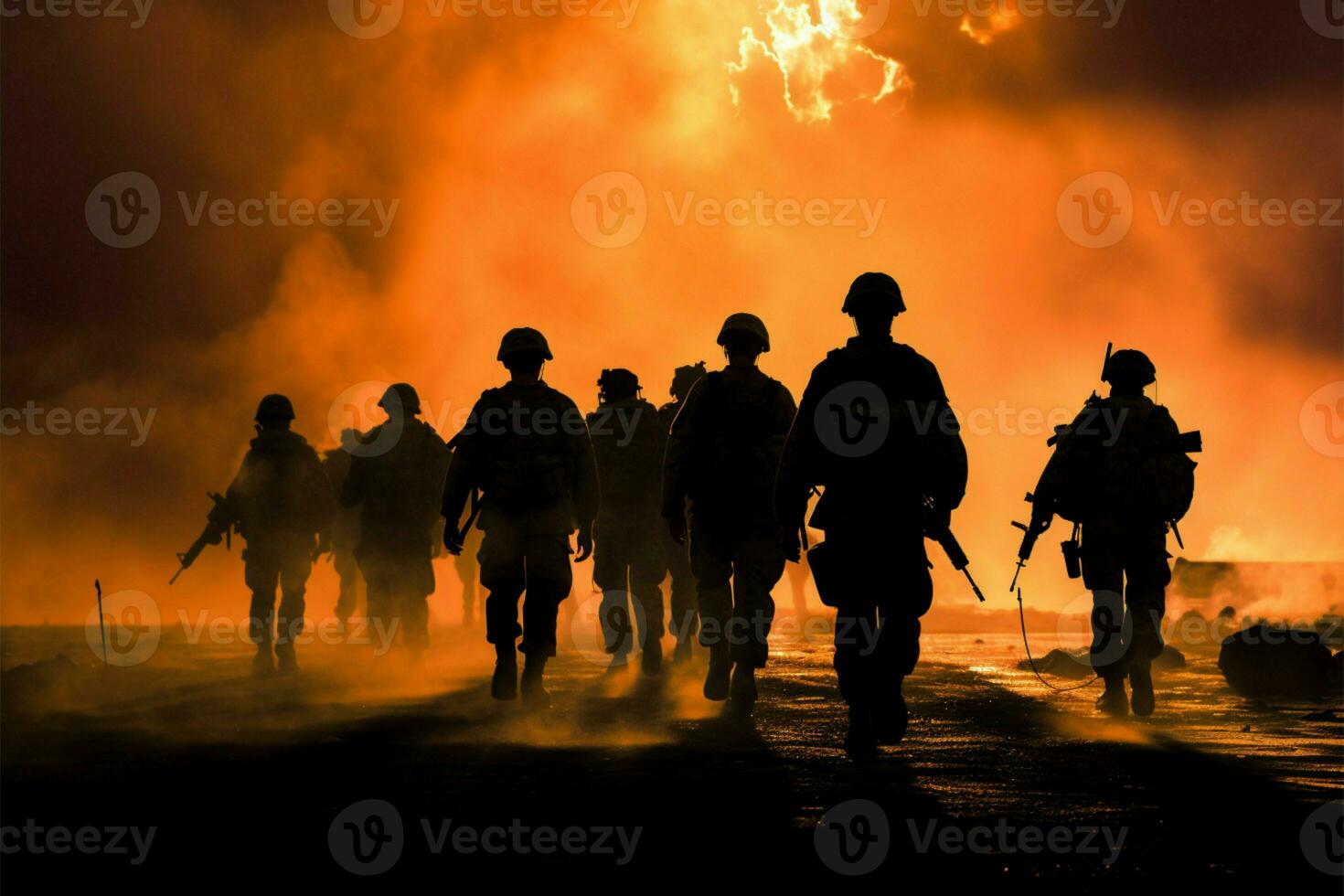 fuzileiros navais dentro a Grosso do batalha, recortado de uma fogosa pôr do sol ai gerado foto