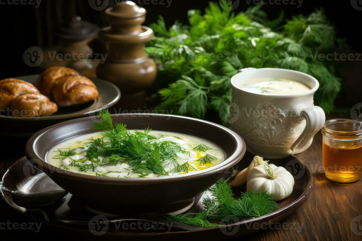 cogumelo sopa dentro cozinha mesa Comida fotografia ai gerado foto