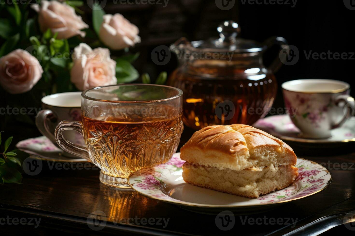 café da manhã com pão e uma copo do chá profissional Comida fotografia ai gerado foto