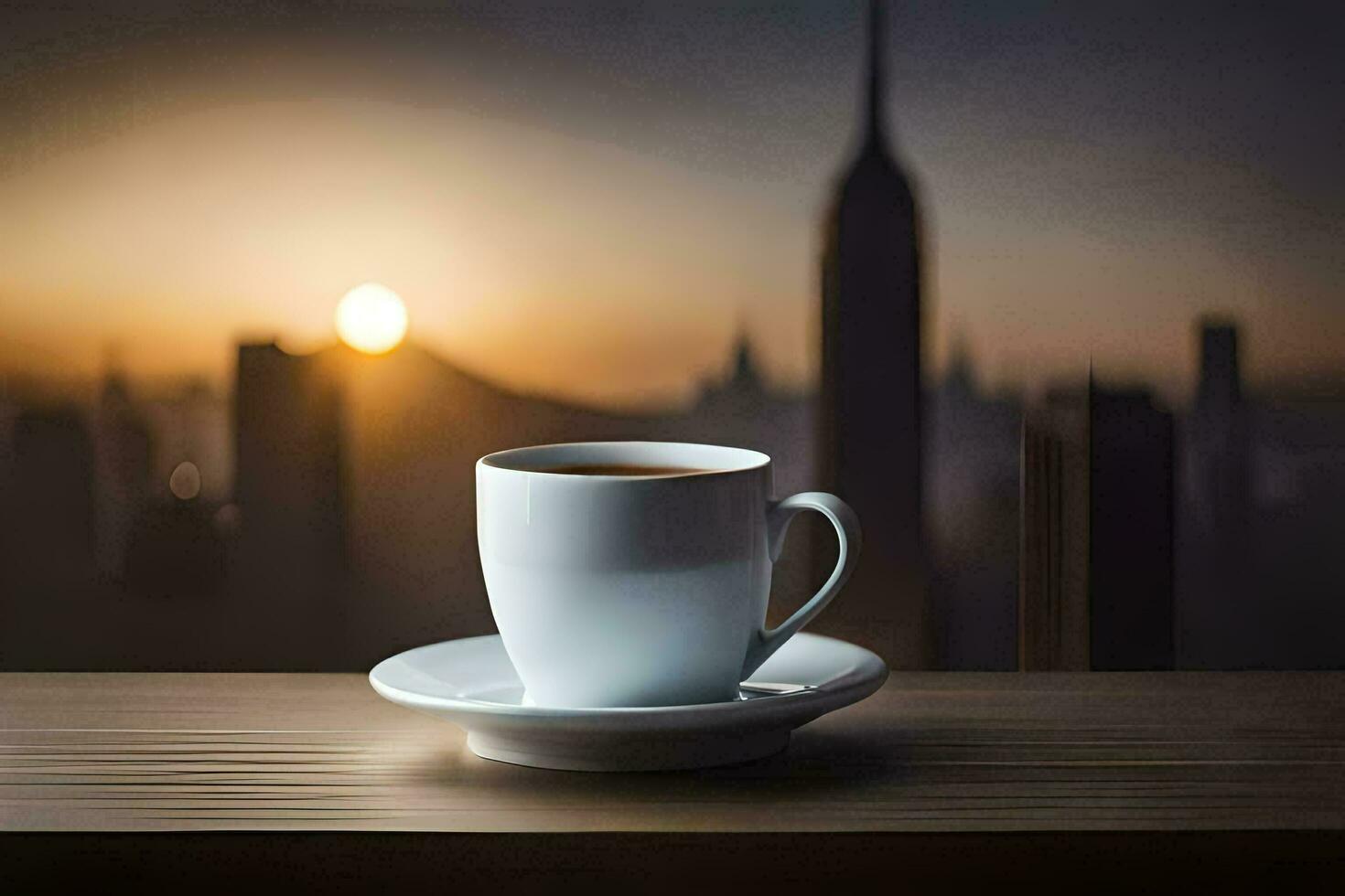 uma copo do café em uma mesa com uma cidade dentro a fundo. gerado por IA foto