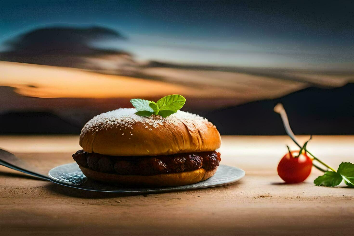 uma Hamburger com uma cereja em topo e uma faca. gerado por IA foto
