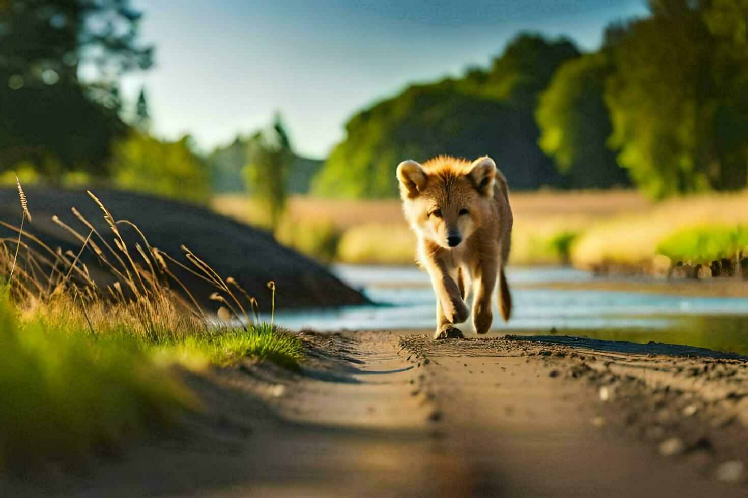 uma cachorro caminhando ao longo uma sujeira estrada perto uma rio. gerado por IA foto