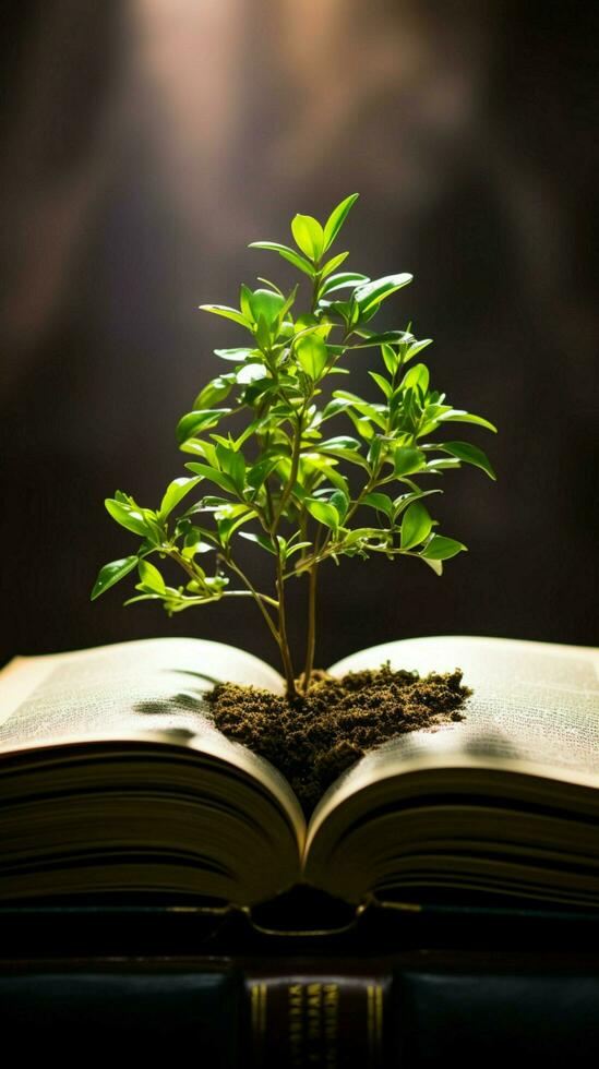 livro Páginas nutrir uma próspero verde plantar, uma símbolo do conhecimento crescimento vertical Móvel papel de parede ai gerado foto