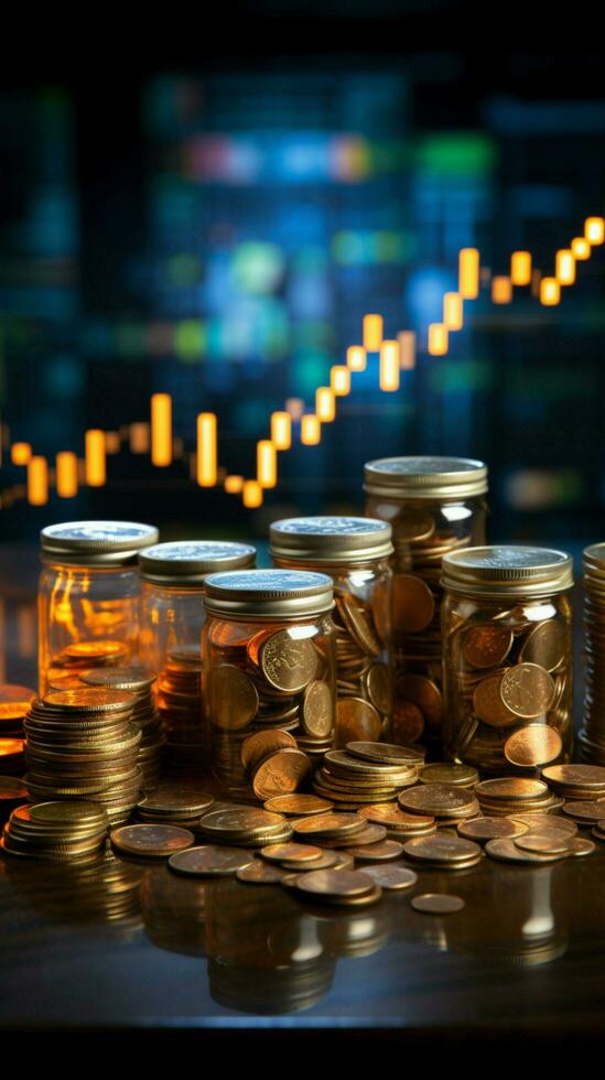 engarrafado moedas acompanhado de uma negociação gráfico, simbolizando financeiro crescimento vertical Móvel papel de parede ai gerado foto