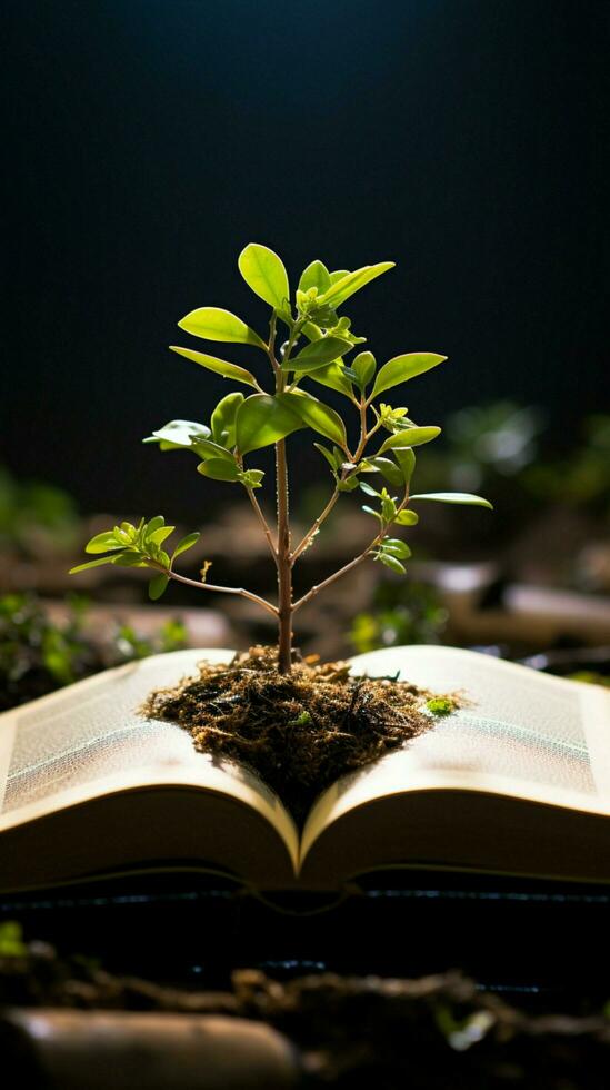 simbólico crescimento uma verde plantar prospera no meio a Páginas do uma livro vertical Móvel papel de parede ai gerado foto