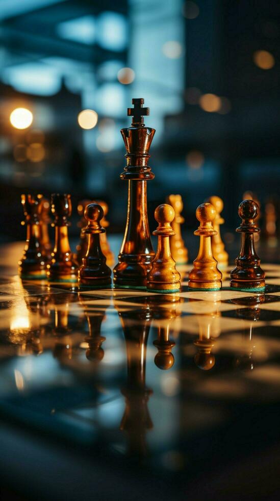 uma tabuleiro de xadrez reflete uma empresários conceito do planejamento, estratégia, e táticas vertical Móvel papel de parede ai gerado foto