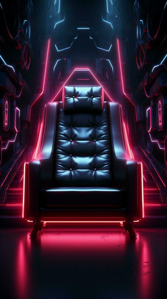 Sombrio quarto mística uma solitário cadeira iluminado de néon luzes vertical Móvel papel de parede ai gerado foto