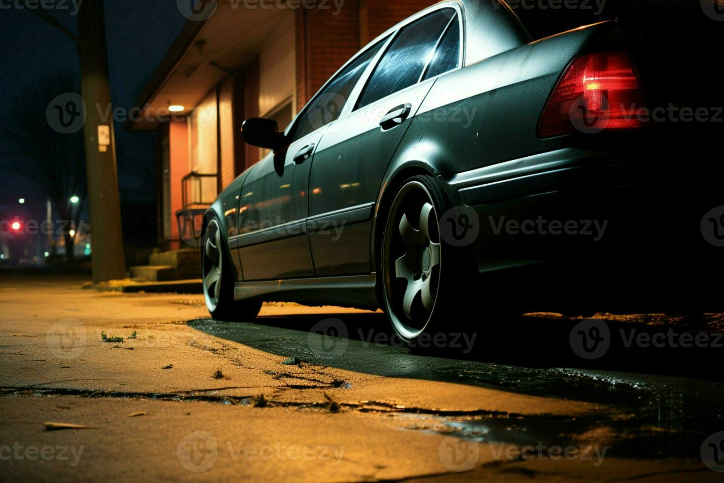 período noturno cena uma estacionado carro capturado acima fechar em uma quieto rua ai gerado foto