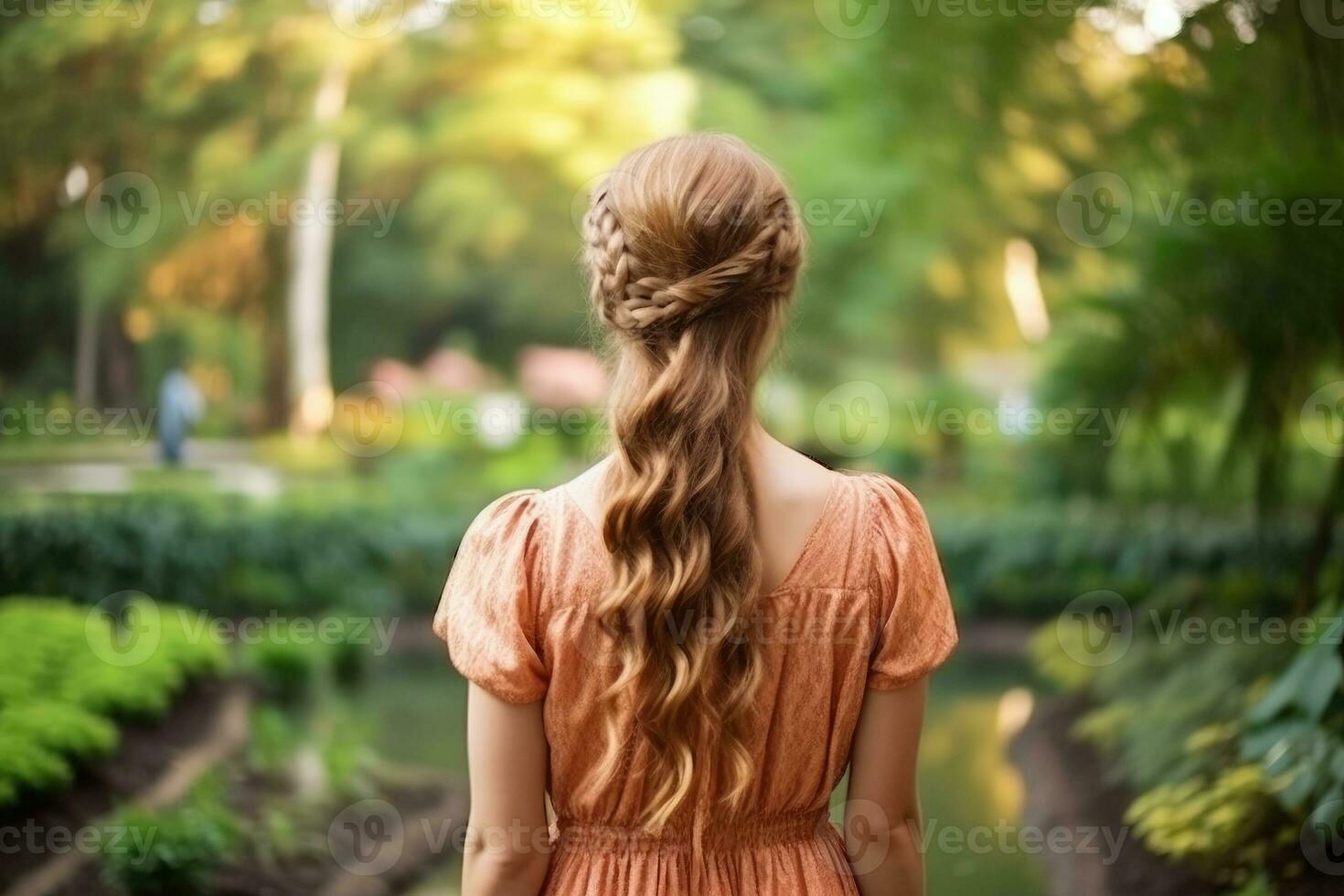 mulheres trança Penteado Veja a partir de costas profissional publicidade fotografia ai gerado foto