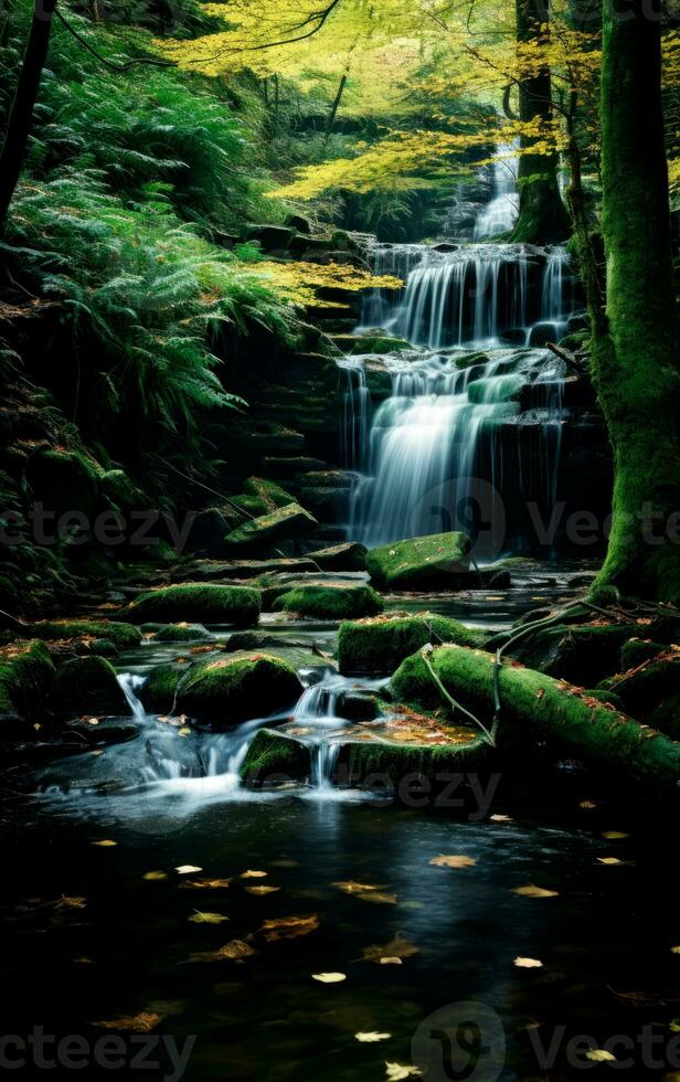 panorama foto do cascata dentro a floresta durante outono temporada. generativo ai