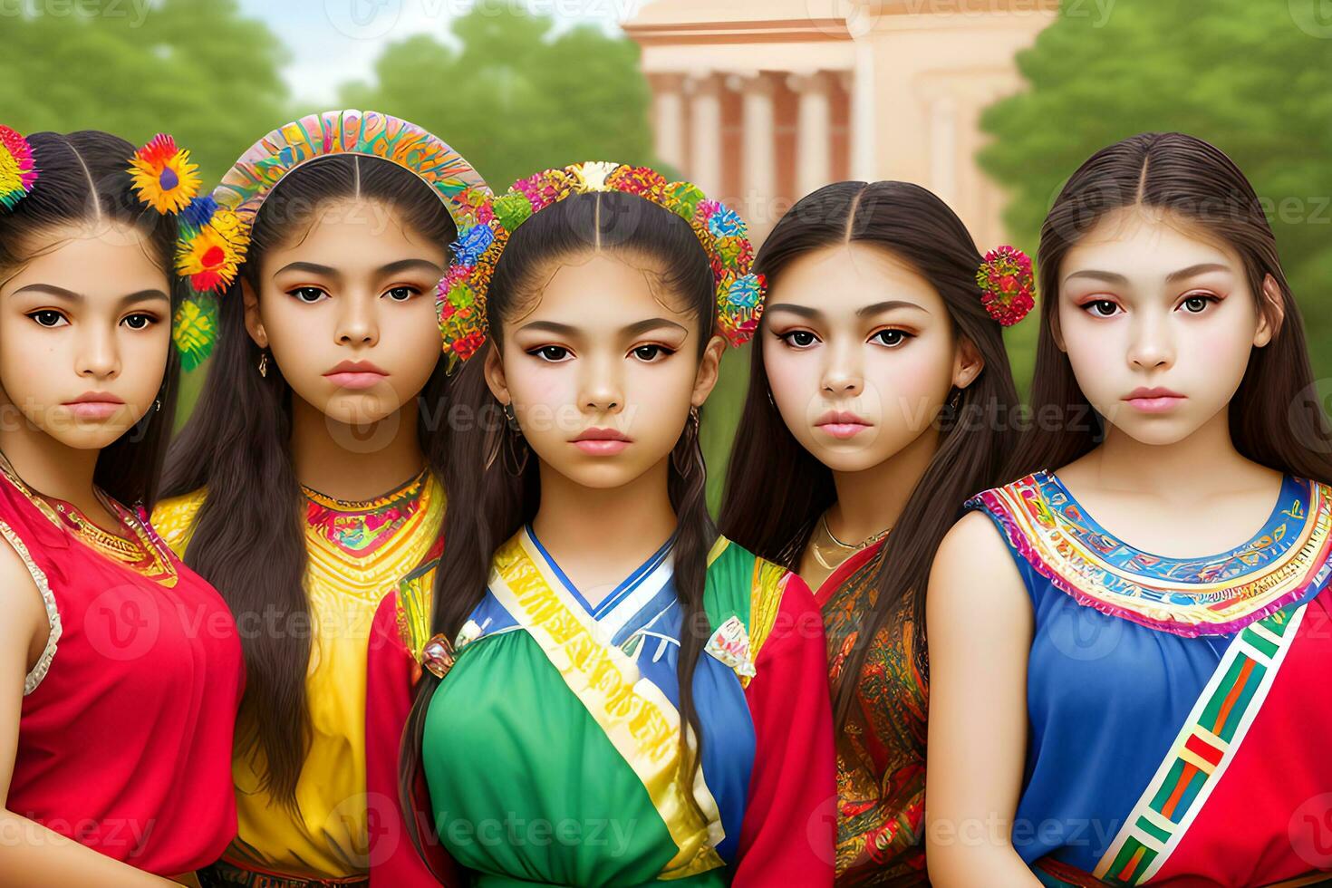 lindo hispânico herança garota, a comemorar cultura mulher tradicional vestir com inventar, ai generativo foto