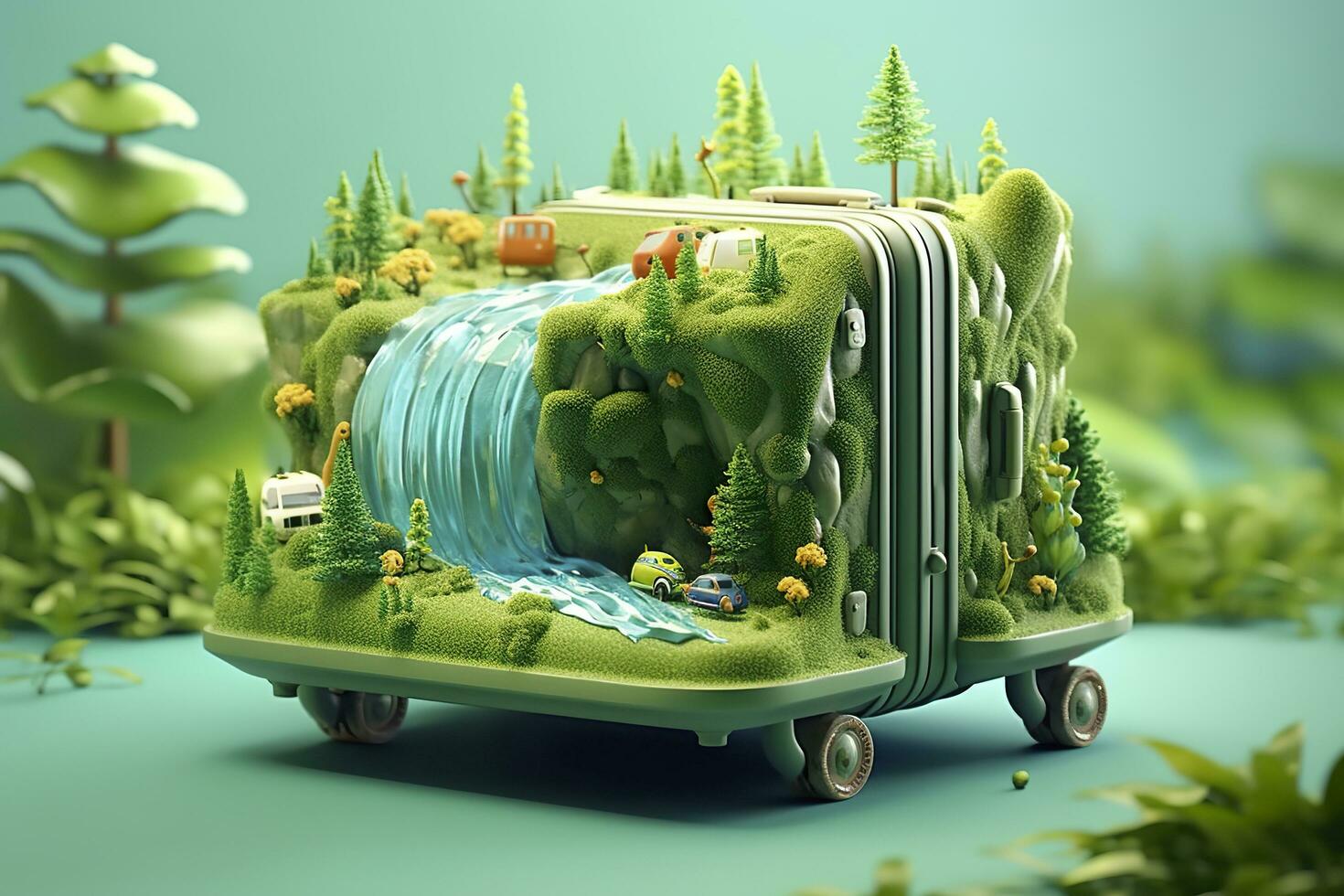 surreal 3d panorama ilustração do uma floresta rio com bagagem dentro luz verde e luz azul. ai generativo foto