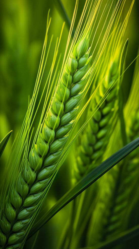 verde cevada Espinho fechar-se, verde trigo, cheio grão, fechar acima do a orelha do verde trigo, ai generativo foto