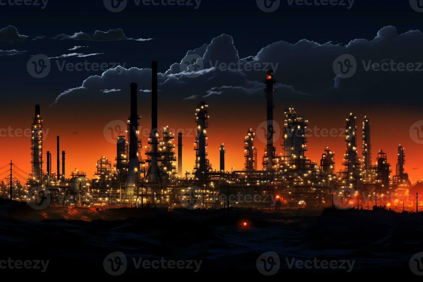 uma Visão do óleo refinaria durante noite, industrial conceito ai gerado foto