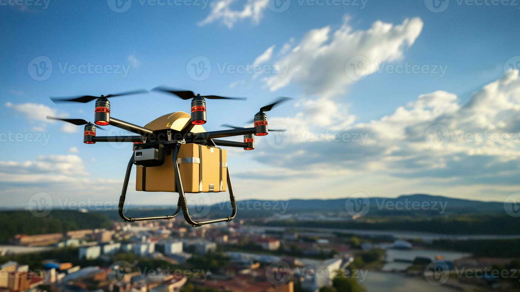 comercial zangão carregando Entrega parcela dentro a céu foto