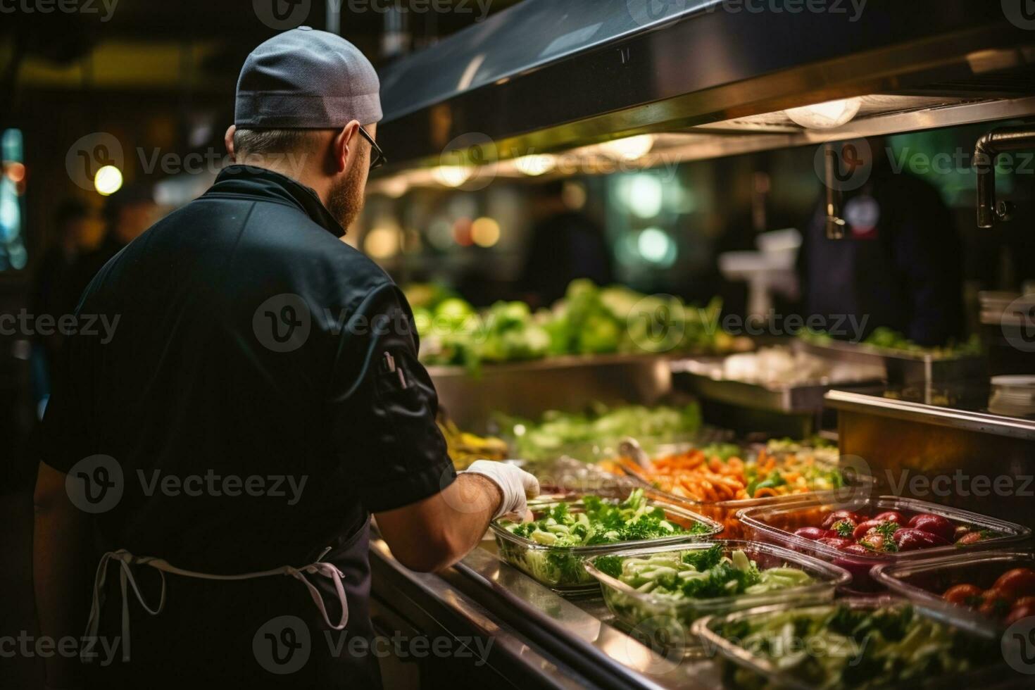 cabeça do chefe de cozinha a partir de atrás verificação Comida preparação ai gerado foto