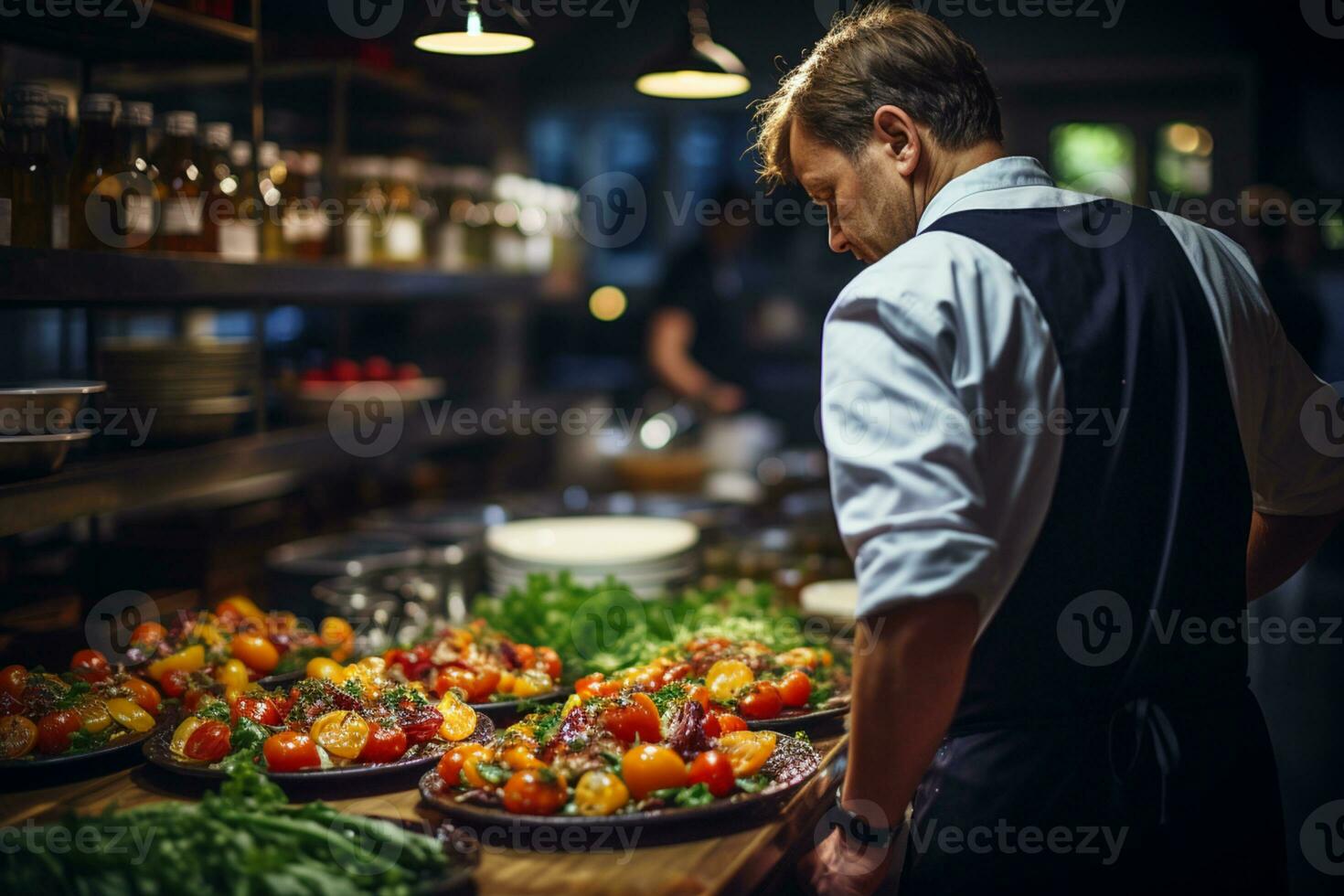 cabeça do chefe de cozinha a partir de atrás verificação Comida preparação ai gerado foto