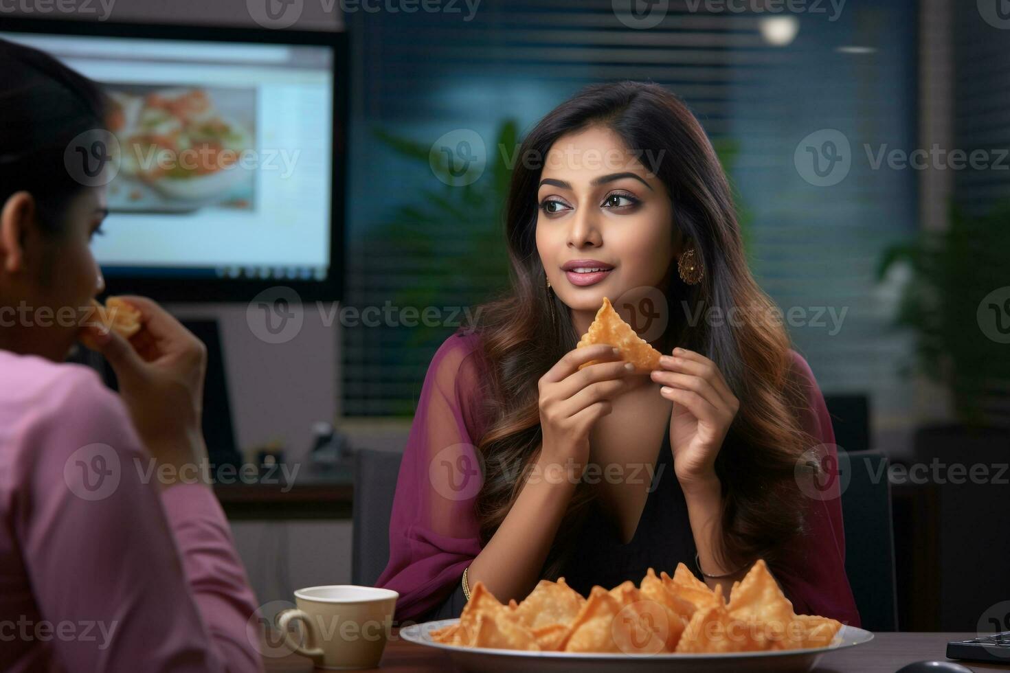 uma cenário do uma mulher comendo uma samosa às trabalhos durante a diwali festival, ai generativo foto