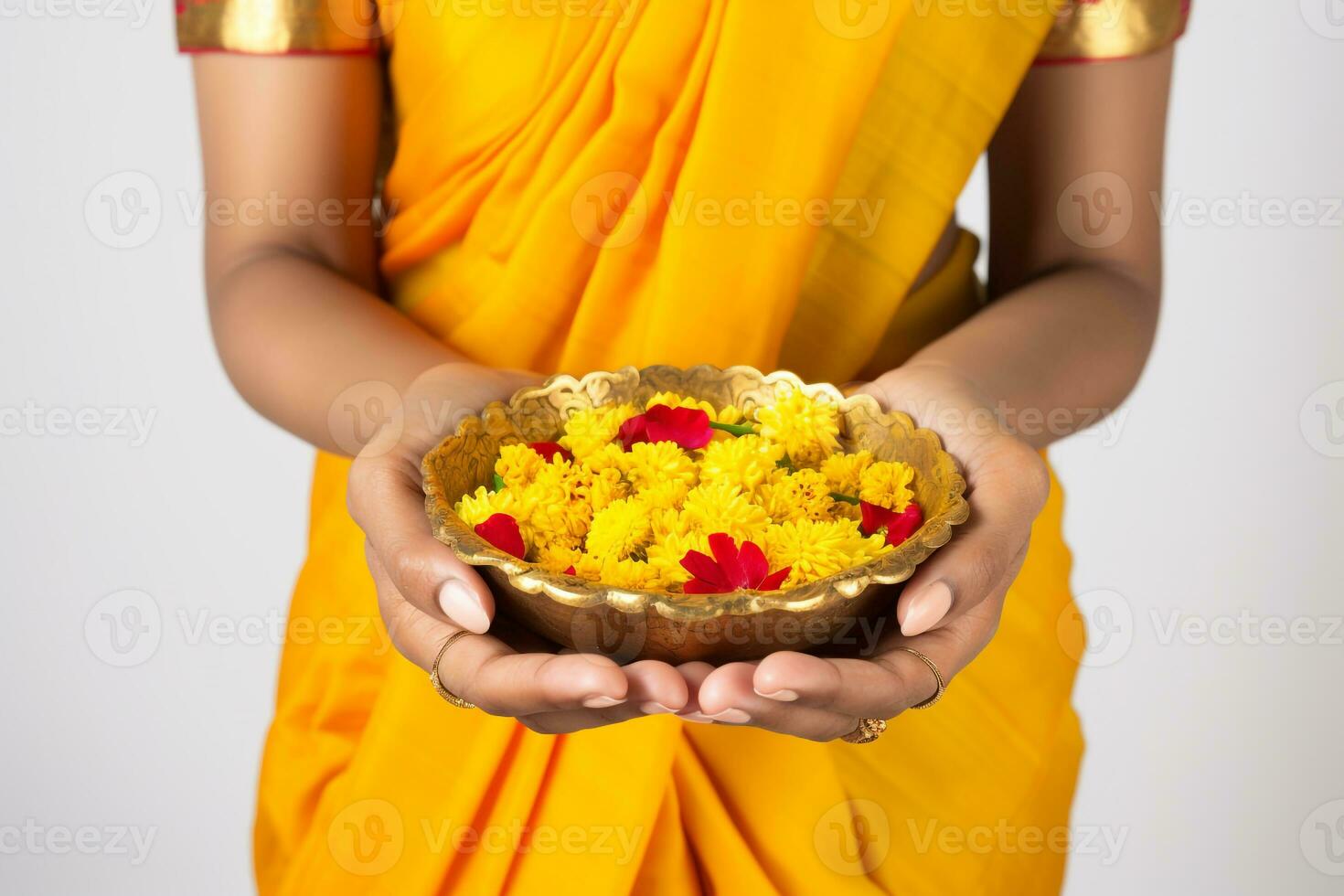 uma foto do uma lindo maduro indiano mulher segurando calêndula flores dentro uma prato enquanto a comemorar a festival do luzes, ai generativo