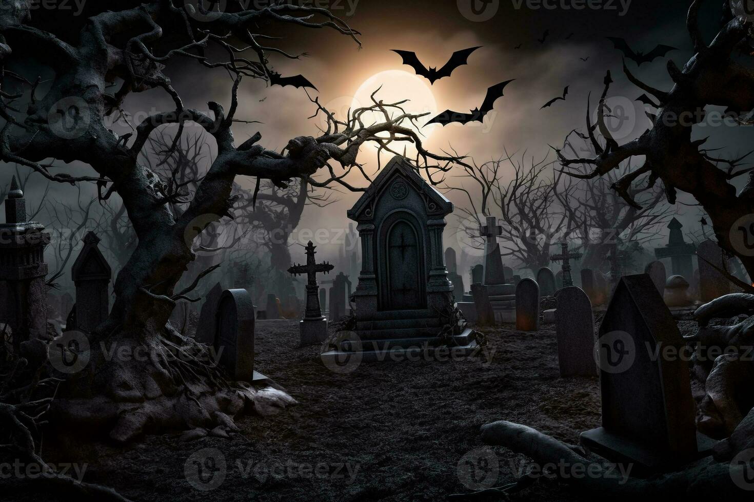 uma cenário do uma dia das Bruxas temático fundo com uma assustador cemitério, ai generativo foto