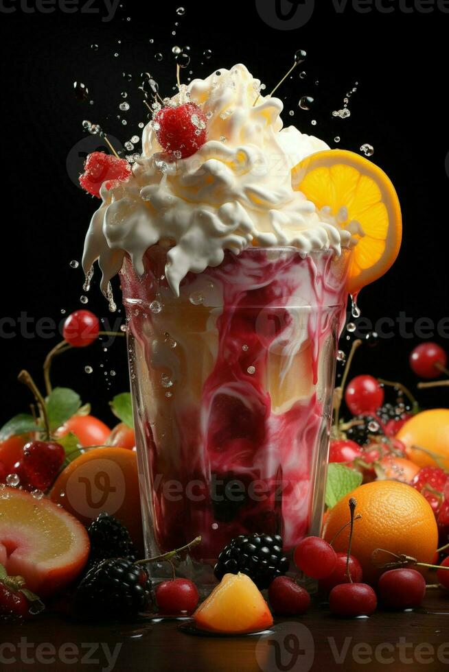 milkshake dentro uma Claro vidro do fruta dentro a fundo com leite salpicos e gotas foto