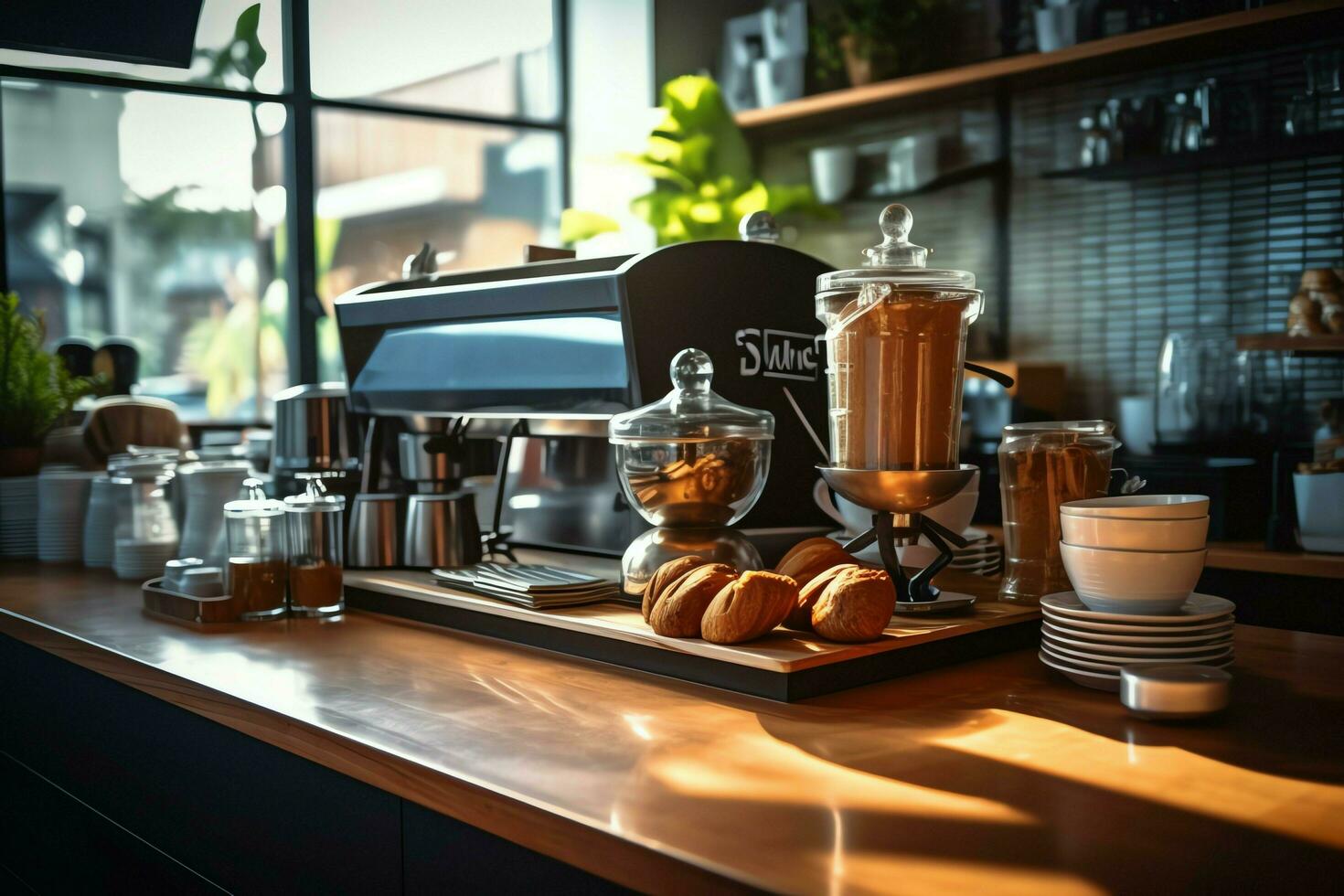 dentro limpar \ limpo cozinha do uma moderno restaurante ou mini cafeteria com cozinhando utensílios e pequeno Barra contador conceito de ai gerado foto