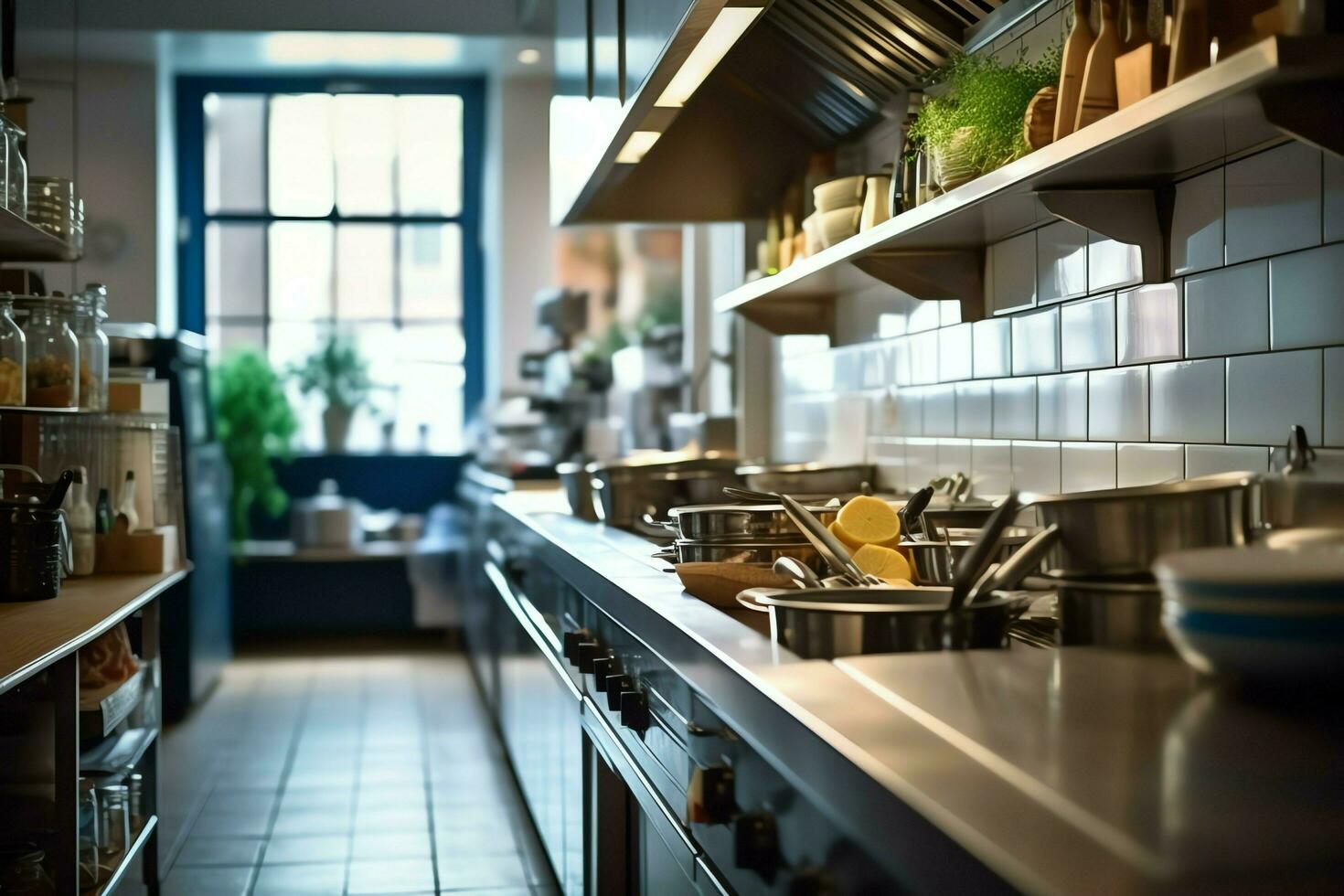 dentro limpar \ limpo cozinha do uma moderno restaurante ou mini cafeteria com cozinhando utensílios e pequeno Barra contador conceito de ai gerado foto