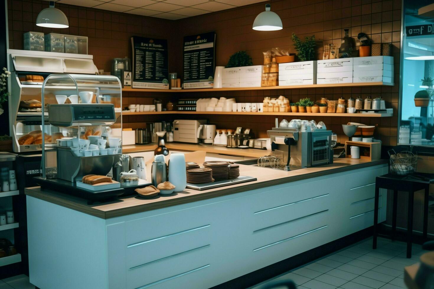 dentro limpar \ limpo cozinha do uma moderno restaurante ou mini cafeteria com cozinhando utensílios e pequeno Barra contador conceito de ai gerado foto