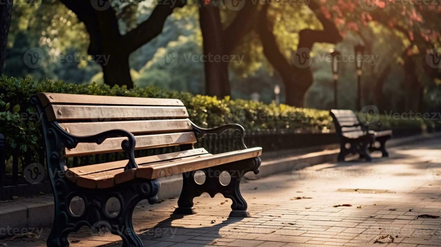 Banco dentro a parque dentro outono. seletivo foco em banco. jardim em fundo generativo ai foto