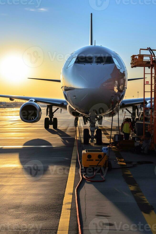 uma foto do avião dentro estacionamento área com brilhando Sol céu fundo avião em pé dentro oficina ou em pé para Carregando e descarregando bagagem generativo ai