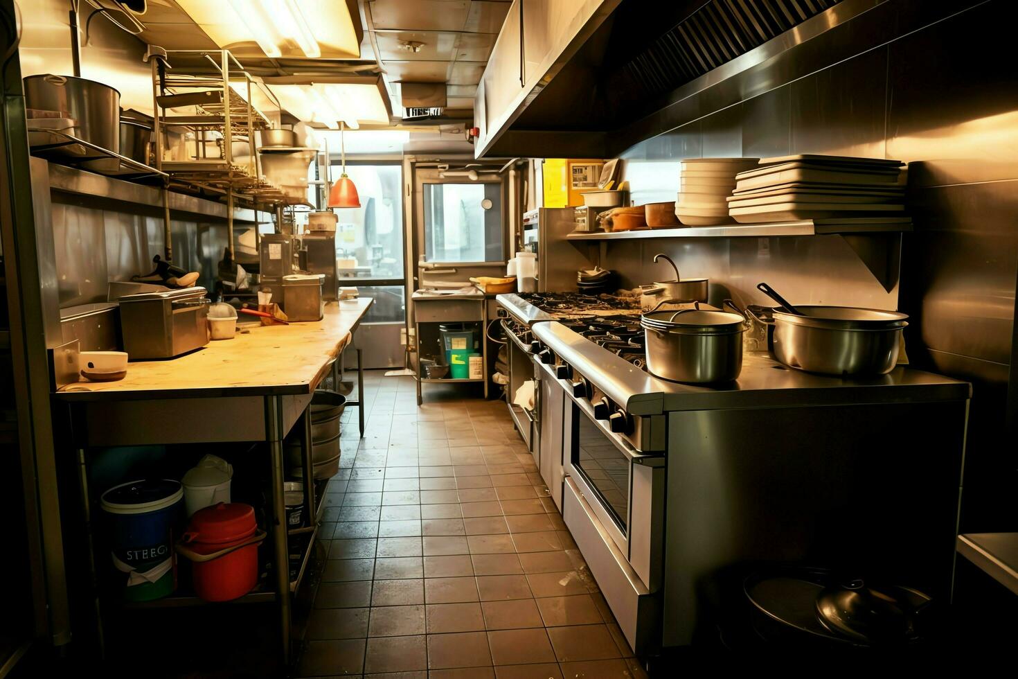 dentro limpar \ limpo cozinha do uma moderno restaurante ou mini cafeteria com cozinhando utensílios e pequeno Barra contador conceito de ai gerado foto