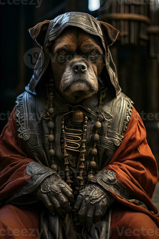 cachorro com óculos em Preto fundo. cachorro dentro a steampunk fantasia. ai generativo foto