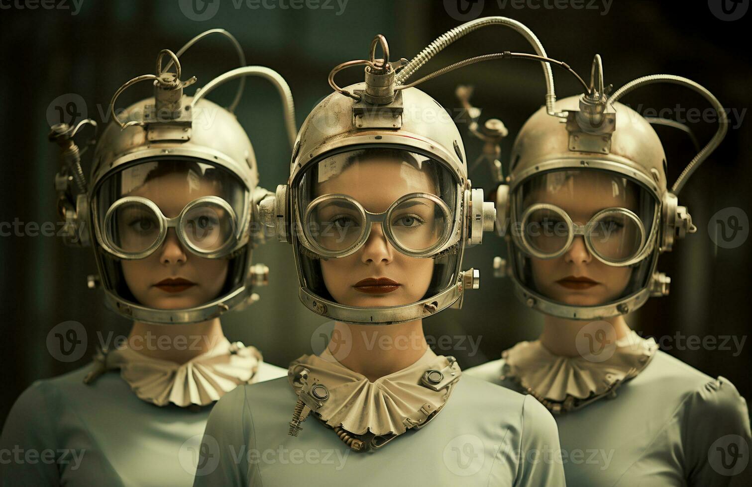retro foto do três mulheres vestindo futurista fantasias - vintage Ciência ficção televisão mostrar ou filme atores criada com generativo ai.