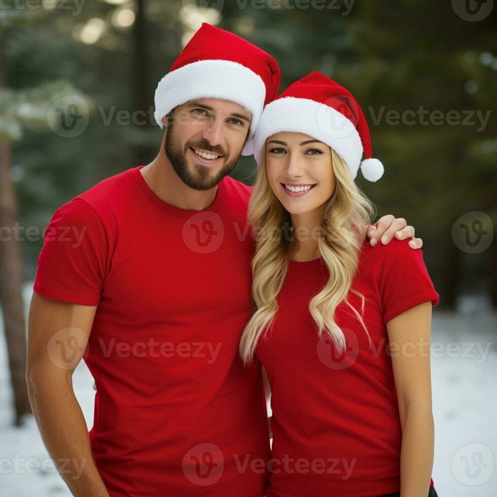 ai gerado uma lindo casal, ambos estão vestindo vermelho Camisetas e santa Natal chapéus foto