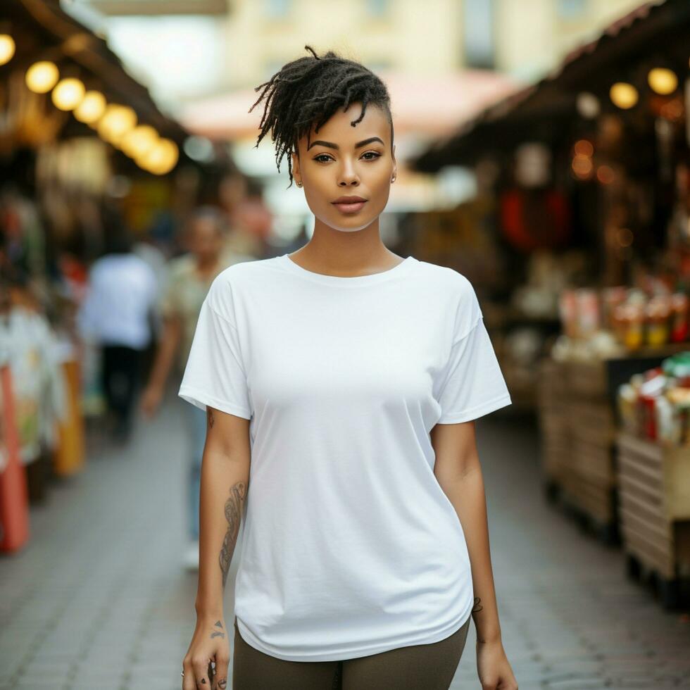 ai gerado mulheres vestindo a em branco branco grande demais t - camisa. ela é vestindo shorts. local mercado fundo. foto