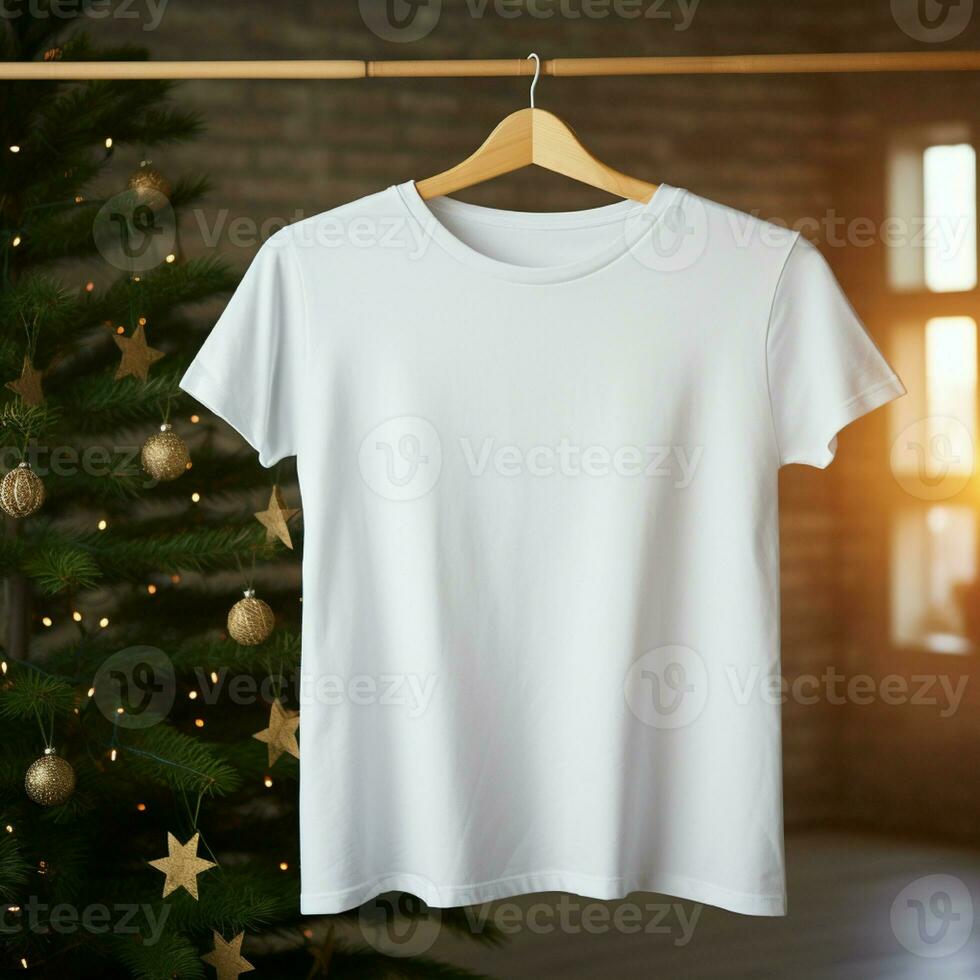 ai gerado branco em branco t - camisa suspensão em a Natal árvore foto