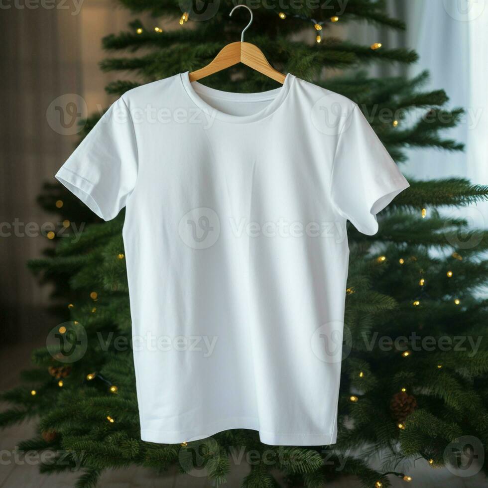 ai gerado branco em branco t - camisa suspensão em a Natal árvore foto