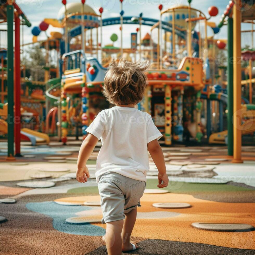 ai gerado costas Visão do uma selvagem pequeno Garoto com vestindo branco t - camisa corrida velozes por aí dentro uma Parque infantil foto