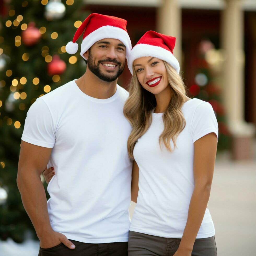 ai gerado uma casal com santa claus chapéus vestindo branco Camisetas com Natal árvore e neve dentro a fundo foto