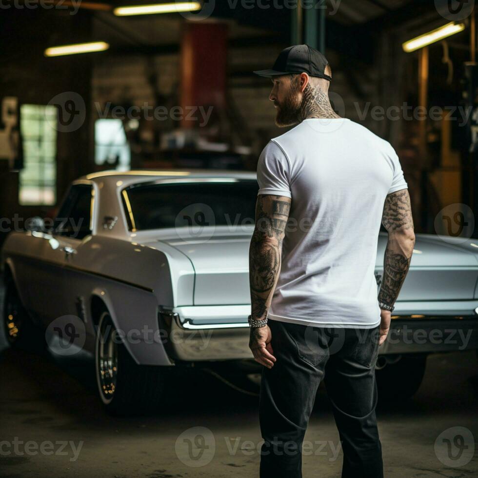 ai gerado uma músculo homem em pé atrás uma músculo carro. homem vestindo em branco branco camiseta foto