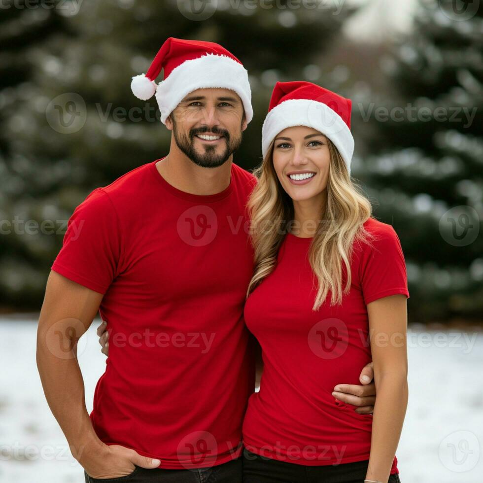 ai gerado uma lindo casal, ambos estão vestindo vermelho Camisetas e santa Natal chapéus foto