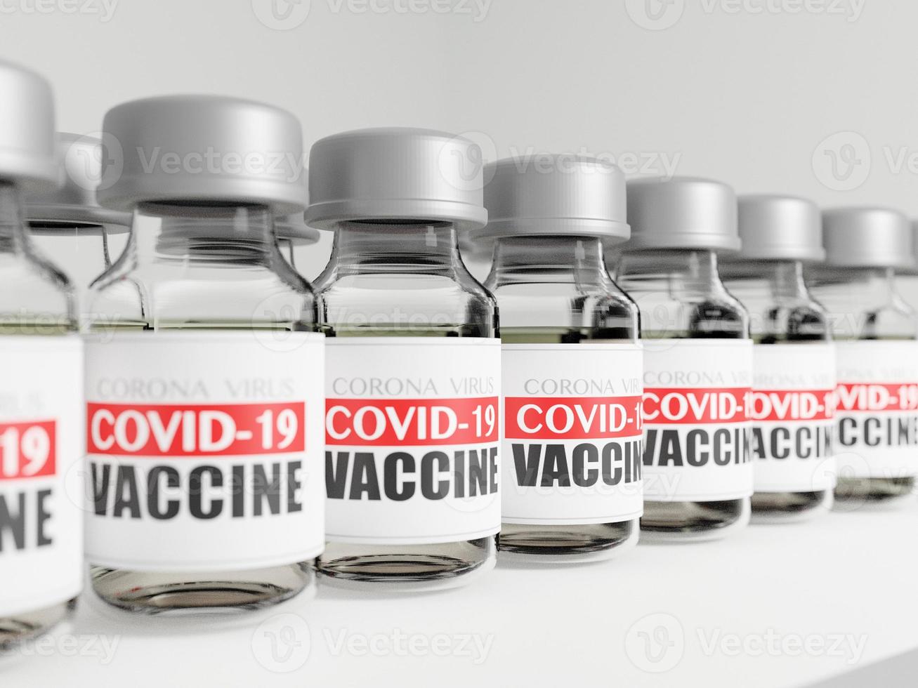 Renderização 3D de frascos de vacinas covid-19 em uma linha foto