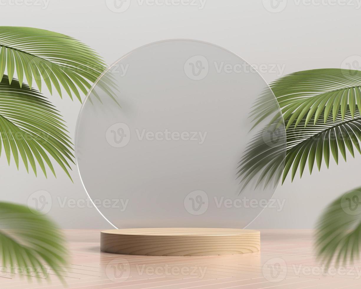 plataforma de madeira pódio para exposição de produtos com folhas de palmeira renderização em 3D foto