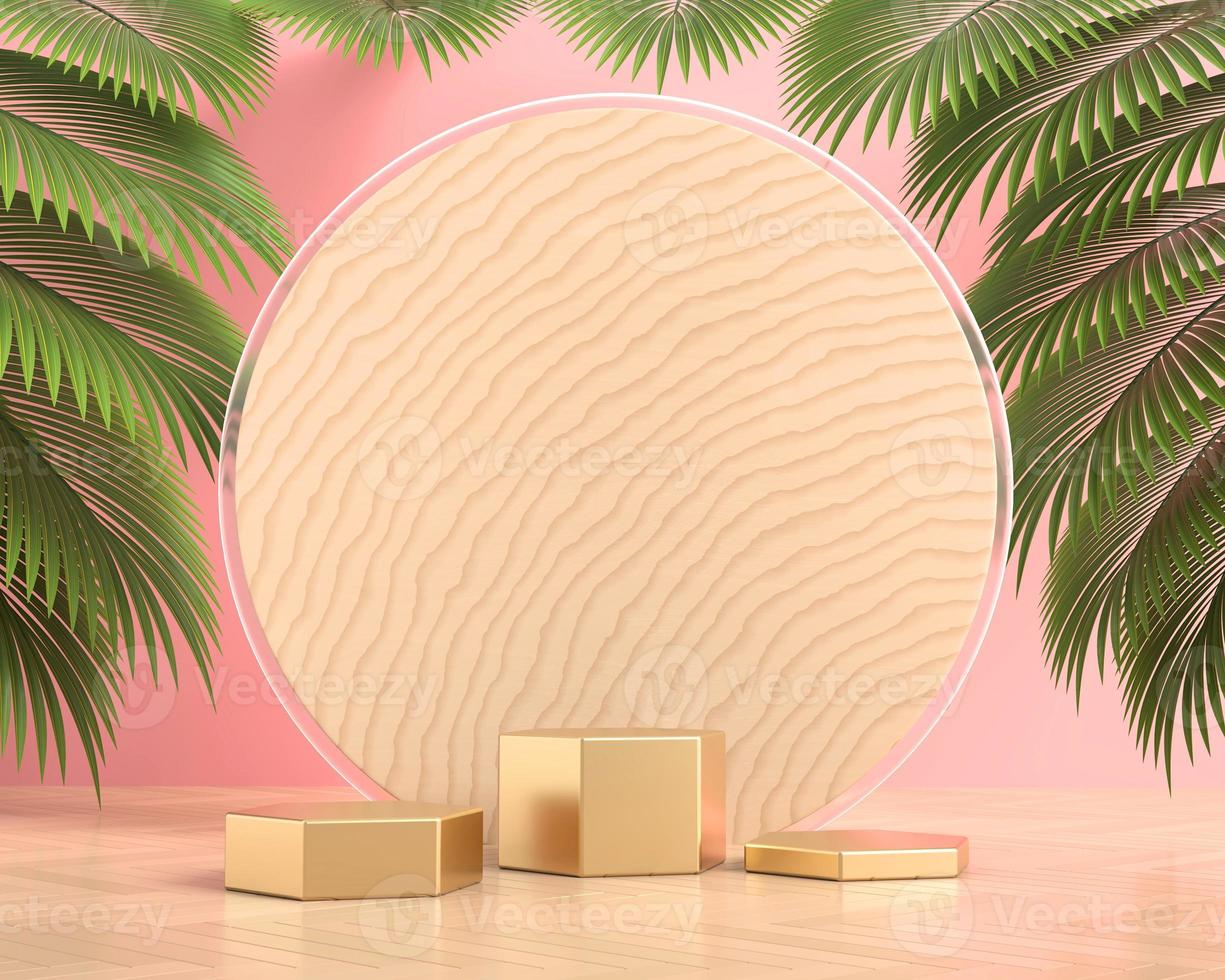 plataforma pódio para exibição de produtos com folhas de palmeira renderização em 3D foto