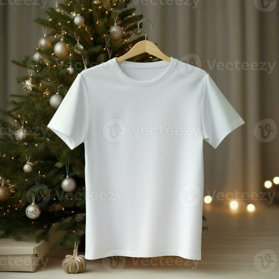 ai gerado branco em branco t - camisa suspensão em a Natal árvore foto