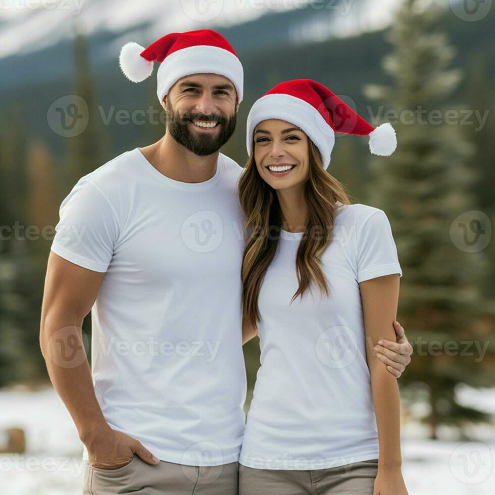 ai gerado uma casal com santa claus chapéus vestindo branco Camisetas com Natal árvore e neve dentro a fundo foto