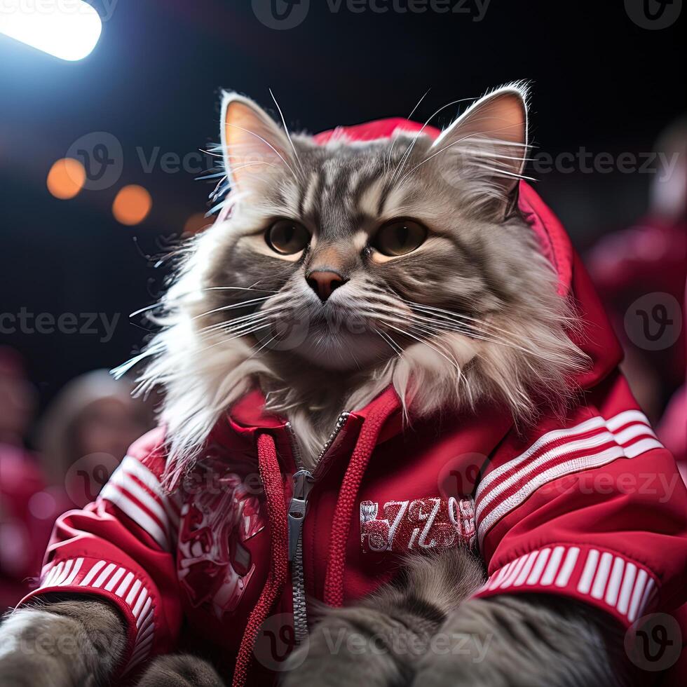 gato dentro uma vermelho Rosa Jaqueta e moletom com capuz sentado em uma cadeira. ai generativo foto